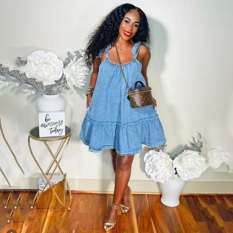 Retro Distressed Denim Lace-Up Suspender Dress for Women in Autum, Sweet and Versatile, Loose and Slimming Look, Ruffled Mid-Length Skirt