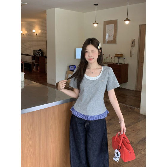2025 New Summer Clothes for Fat mm Plus Size Women's Age-Reducing Contrasting Color Splicing Slimming Look Right Shoulder Short-Sleeved T-Shirt