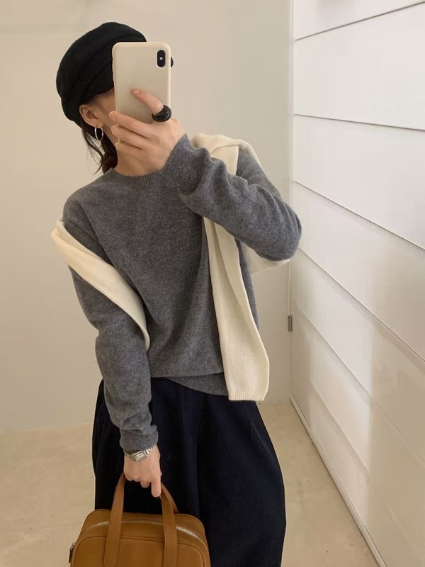 羊绒羊毛无缝一体圆领百搭打底衫羊毛衫套头纯色简约毛衣女G1554|undefined