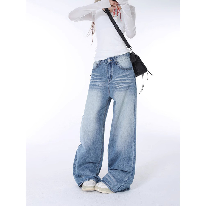 Sai Xiaolan 1 American Retro Style Whiskered Jeans for Women, New Summer Design, Loose and Versatile Floor-Length Pants