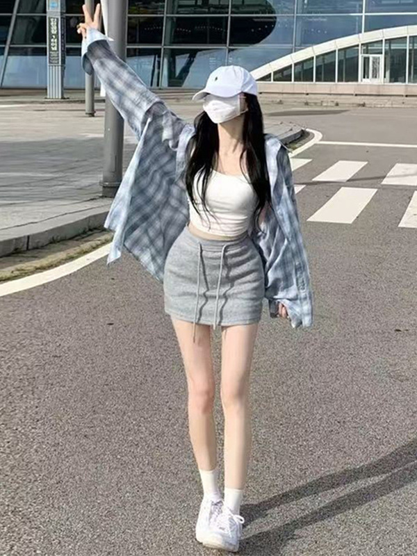 慵懒风复古长袖蓝色格子衬衫设计感宽松休闲春秋polo领上衣外套女|undefined
