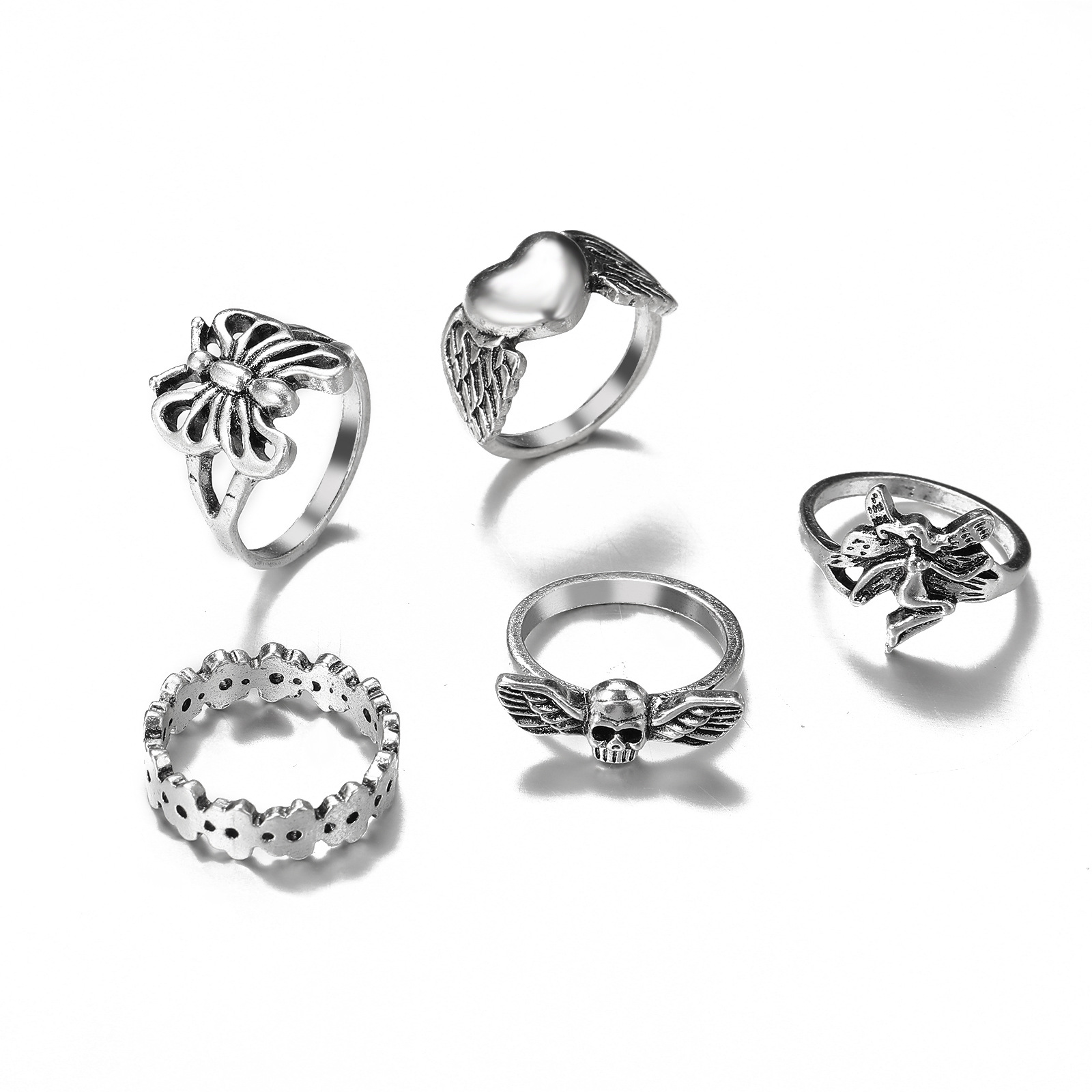 Retro Butterfly Heart Ring Set 9 Piece Set display picture 4