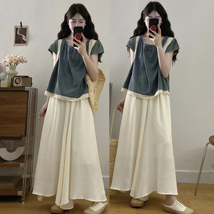 Summer Korean Style Complete Set of Large Size Slightly Fat Temperament Lace Splicing Denim Top Pleated Skirt Two-Piece Suit