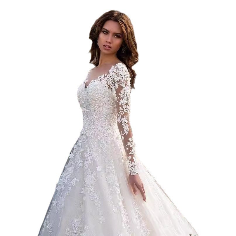 2025 New European And American Lace Women's Long Sleeve Off-Shoulder White Bridal Wedding Dress Gown_ecoleips.com