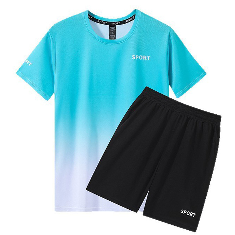 Trajes de deportes de ocio transfronterizos para hombres rápidos secos de manga corta correr transpirable acondicionamiento físico de verano de dos piezas ropa de transporte de seda de hielo gradiente