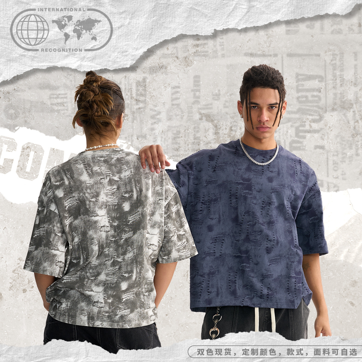 ETAI Hombre| Marca de moda desgastada jeans viento boxy camiseta de hombre de algodón pesado texturas jeans de hombre de manga corta