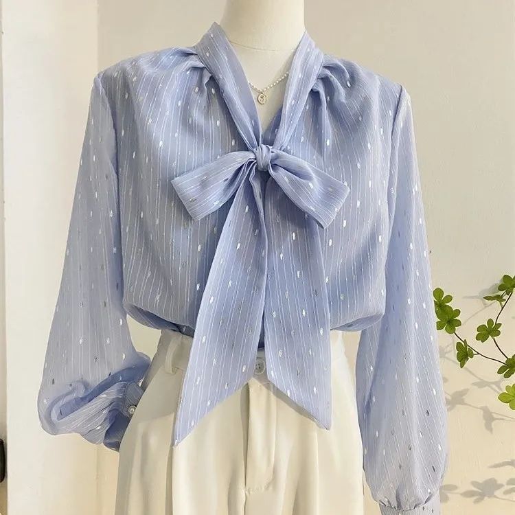2026 Bowknot Chiffon Blouse Spring Loose Fit Versatile Lantern Sleeve Shirt for Women Stylish Long Sleeve Top