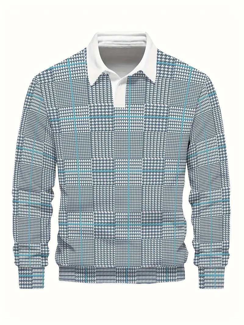 Tejido de punto retro clásico estampado 3D hombre casual de todo fósforo hombro de manga larga botón solapa jersey POLO