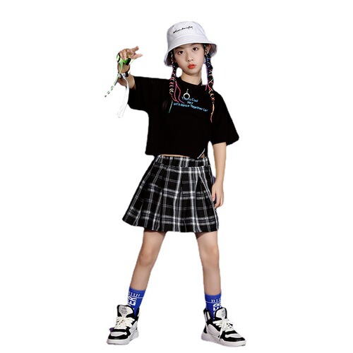 Children's street dance trendy outfit stylish girl crop top hip-hop jazz dance performance set summer girl short sleeve dress fashion