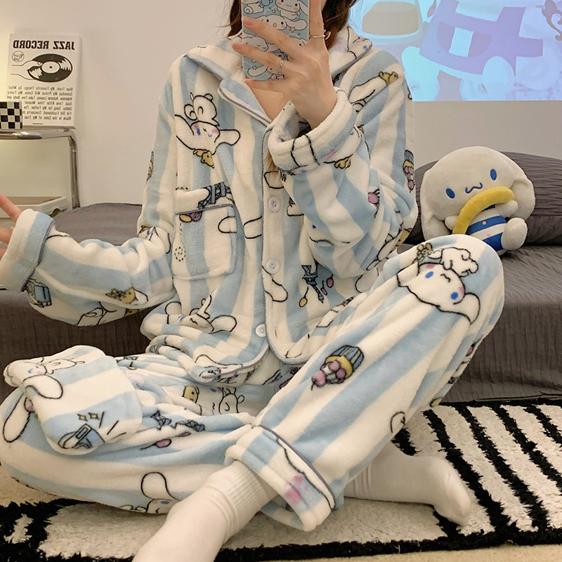 Rayas yugui perro pijamas de franela las mujeres japonés otoño y el invierno cardigan manga larga con máscara ojos dibujos animados homewear caliente conjunto