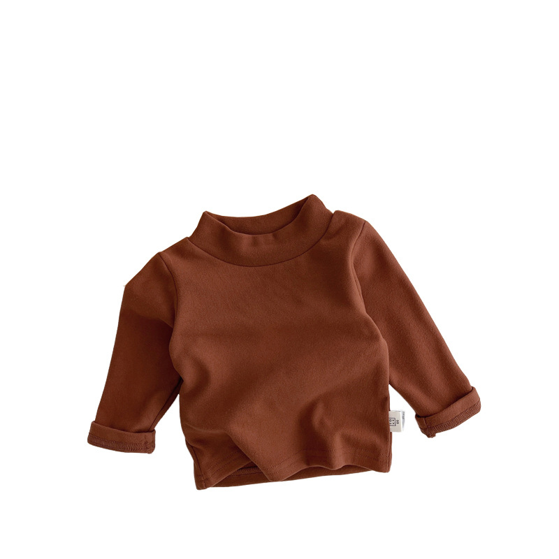 Camisa de fondo de terciopelo de color sólido para niños suave medio cuello alto primavera y otoño bebé básico niñas estiramiento casual top a juego