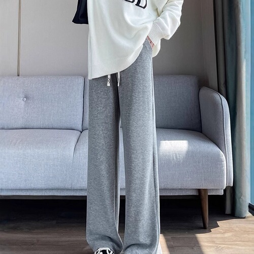 Women's Autumn/Winter Wool- lined Straight Leg High Society Style Petite Figure Flowy Warm Thickened Off-white Wide-leg Pants