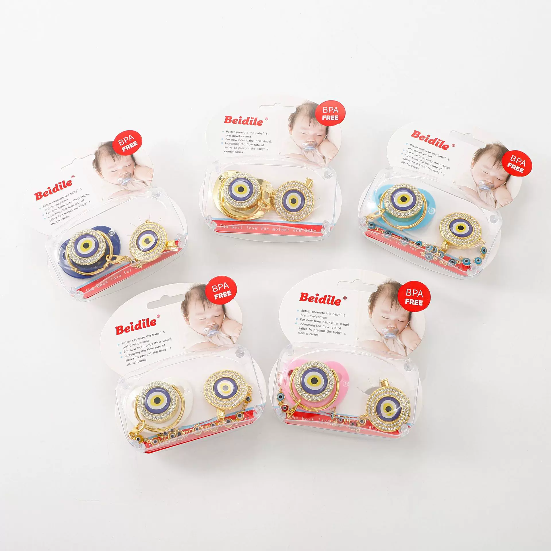 跨境爆款安抚奶嘴盒装点钻安抚奶嘴套装婴儿睡眠安抚奶嘴加链条装