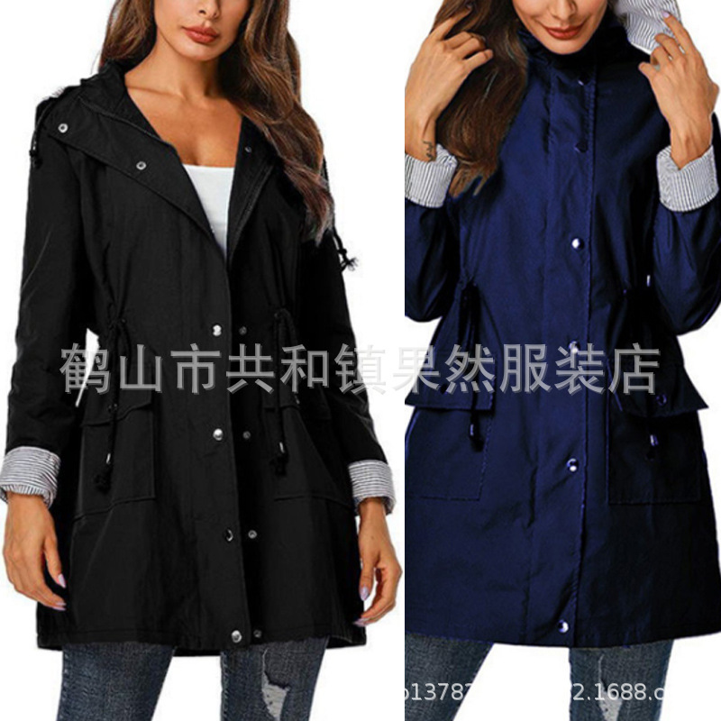Cross-border Foreign Trade Amazon Casual Hooded Waist Waterproof Mid-length Women's Windbreaker Rainproof Jacket Women's Large Size