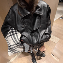 美式复古廓形颗粒皮感机车服夹克上衣女宽松翻领黑色pu皮衣外套
