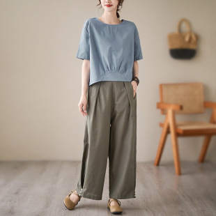 Real Shot 2023 Summer New Artistic Cotton Linen Loose Simple Nine-point Pants Solid Color Set Two-piece Set