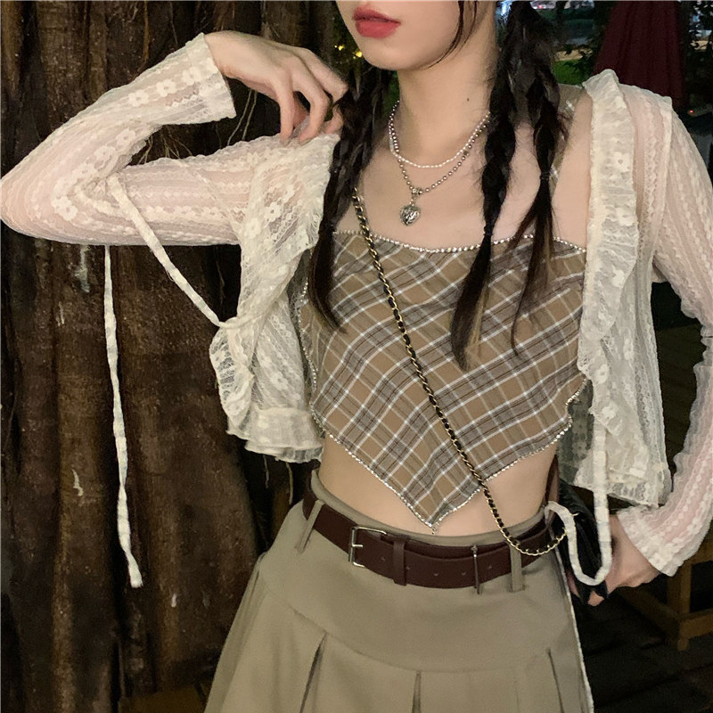 Summer thin lace cover-up cardigan jacket paired with suspender dress sun protection top cardigan shawl women long sleeve short style
