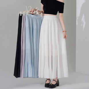 Real Shot Chiffon Cake Skirt Pleated Skirt Women's Mid-Length Spring and Summer Loose Large Swing A- Line Elegant Pleated Long Skirt