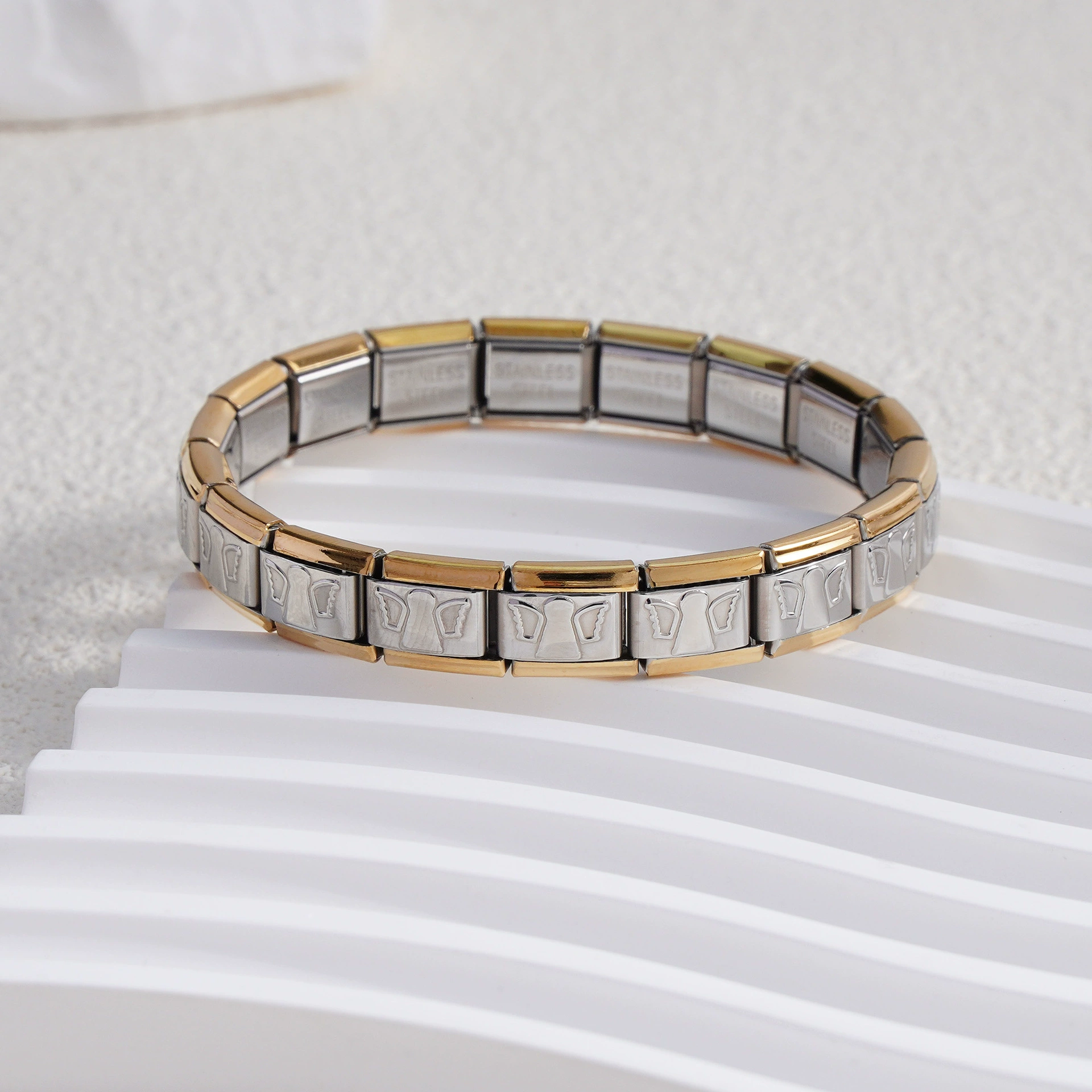stainless steel bracelet, removable elastic link watch strap, italian european style, assorted charms