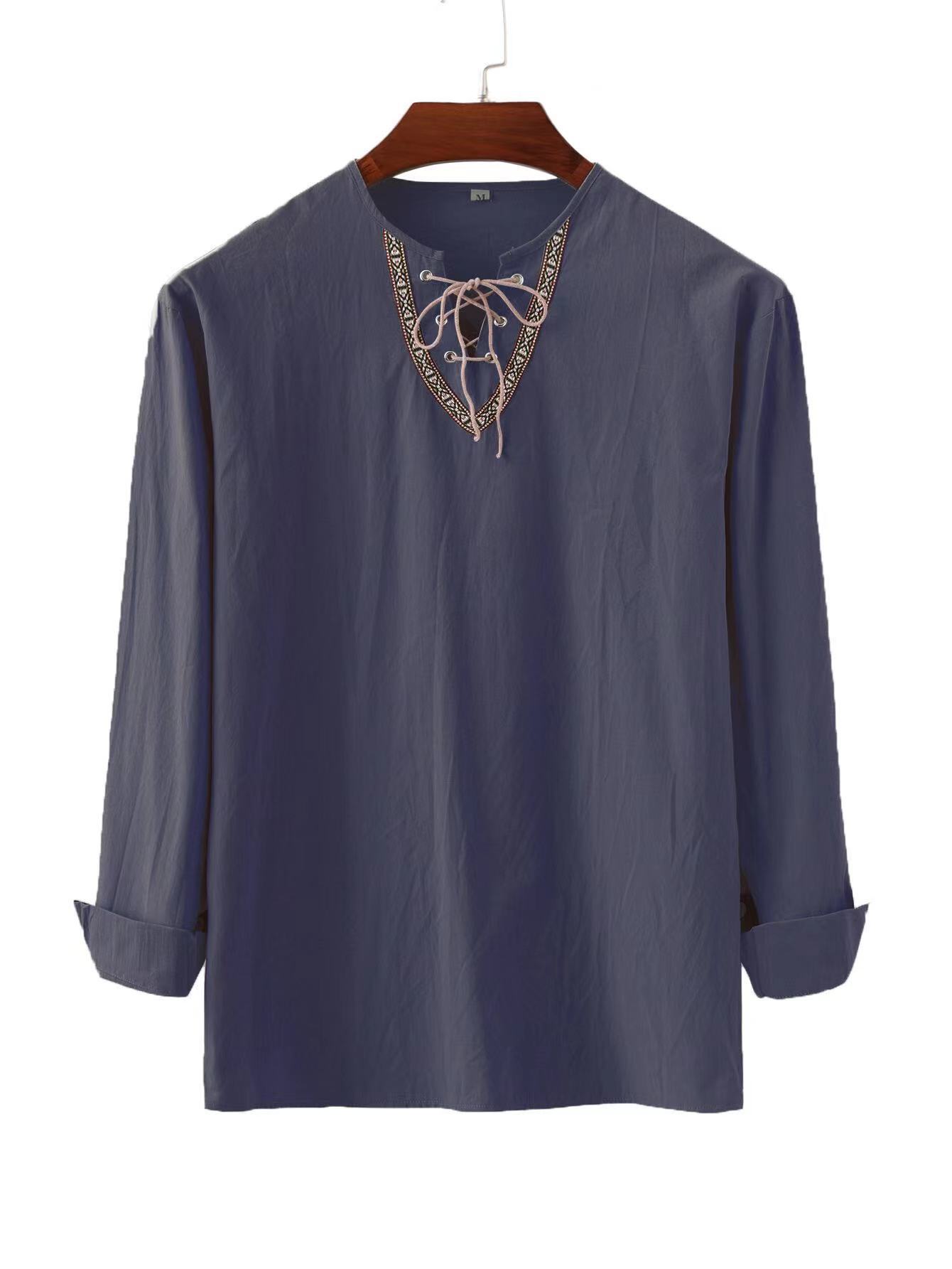 2023 primavera y otoño transfronterizo nuevos hombres europeos y americanos sueltos color sólido cordón camisa de manga larga algodón y lino soporte collar camisa de los hombres