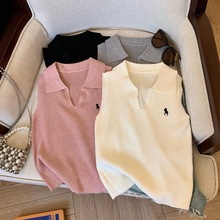 韩系慵懒风polo翻领针织背心女短款外搭叠穿小马刺绣毛衣马甲上衣