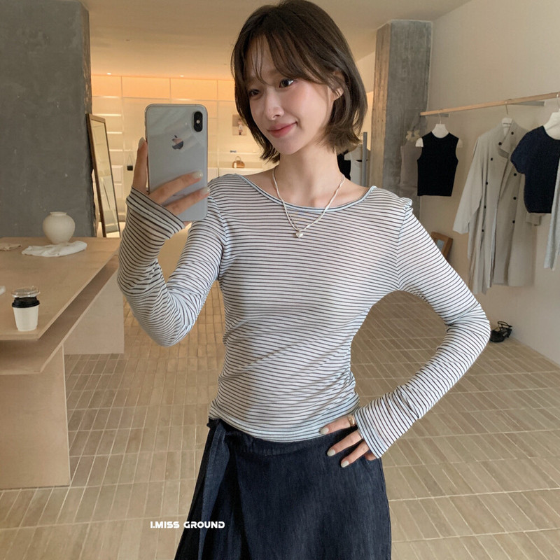 imiss条纹长袖T恤女2025秋季新款露背修身显瘦设计感小众打底衫|undefined
