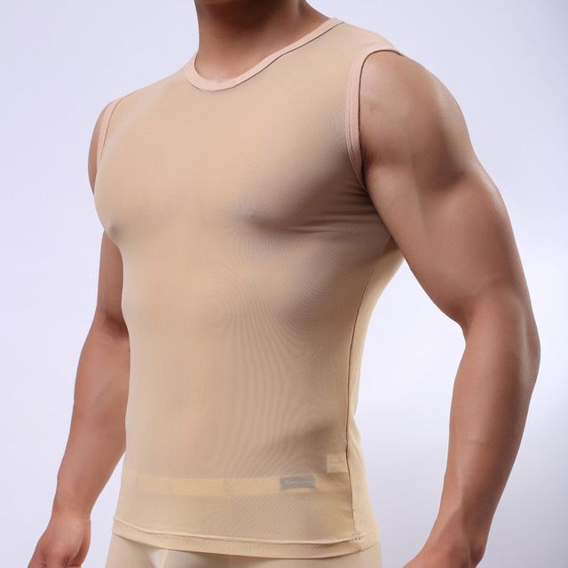 Men's popular bottoming shirt simple mesh beauty back sleeveless T-shirt fashion cool elegant style perspective stitching slim vest