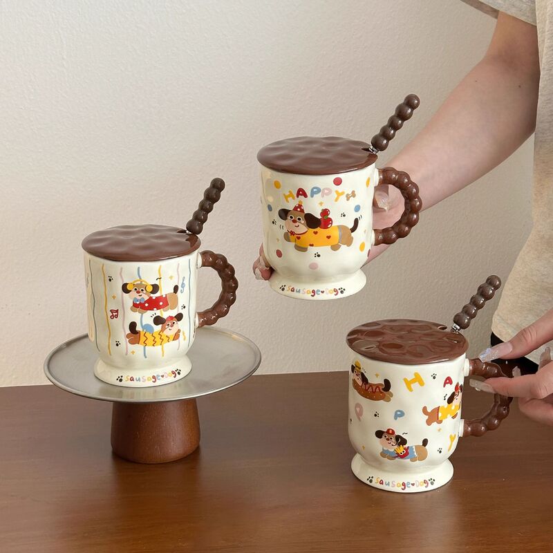 かわいいダックスフントセラミックマグ蓋スプーン付き家庭用飲料朝食コーヒーミルクカップ実用的な誕生日プレゼント|undefined