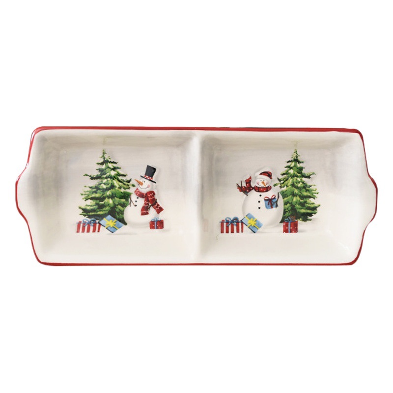 País nórdico Navidad muñeco de nieve placa de cerámica en relieve de cerámica de estilo occidental Placa de cuatro rejillas Placa de rejilla multifuncional Placa de dos rejillas