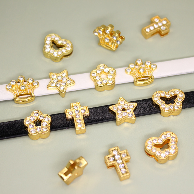 8mm穿带镶钻皇冠星星DIY配件可搭配腕带手环项圈饰品合金材质