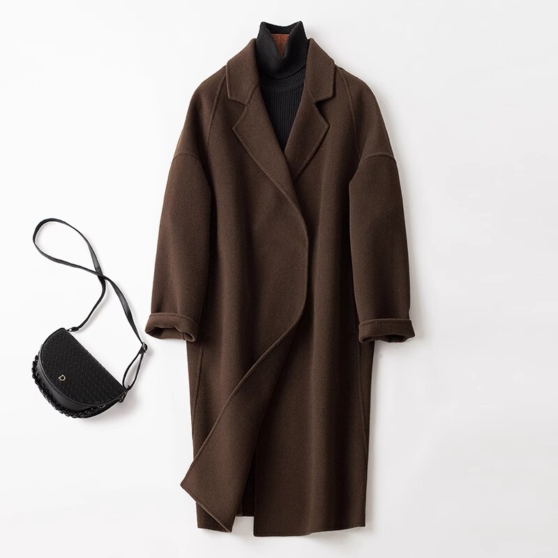 In-Stock Coffee-Colored Double-Sided Wool Coat for Women, Mid-Length, 2024 Autumn and Winter New Cocoon-Shaped Loose Fit, Slimming Woolen Outerwear