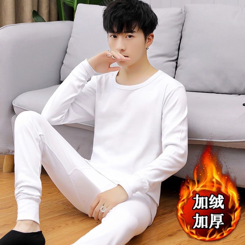 Round Neck Pure Color Thermal Intimates Set for Men, Double-Sided Velvet Autumn Clothes and Long Pants, Inner Layering, Cold-Proof and Heating Pajamas