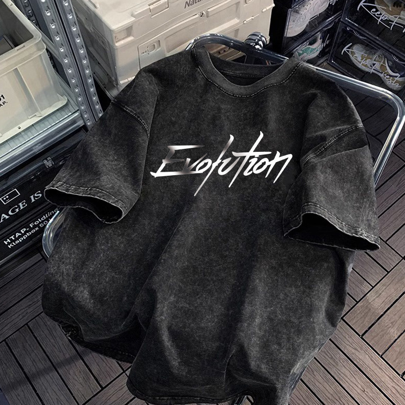 アメリカンヘビーウェイトピュアコットンウォッシュ加工ダメージ半袖Tシャツメンズ夏ルーズ半袖ハイストリートTシャツボトリングシャツトレンディブランド|undefined