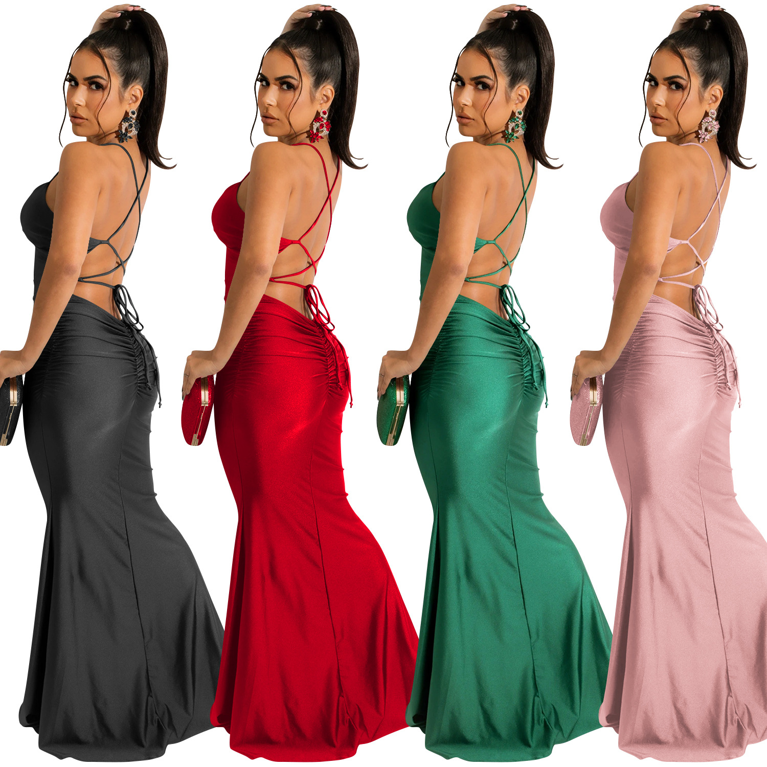 Pleated Solid Color Sling Wrap Chest Backless Lace-Up Prom Dress NSXYZ113785