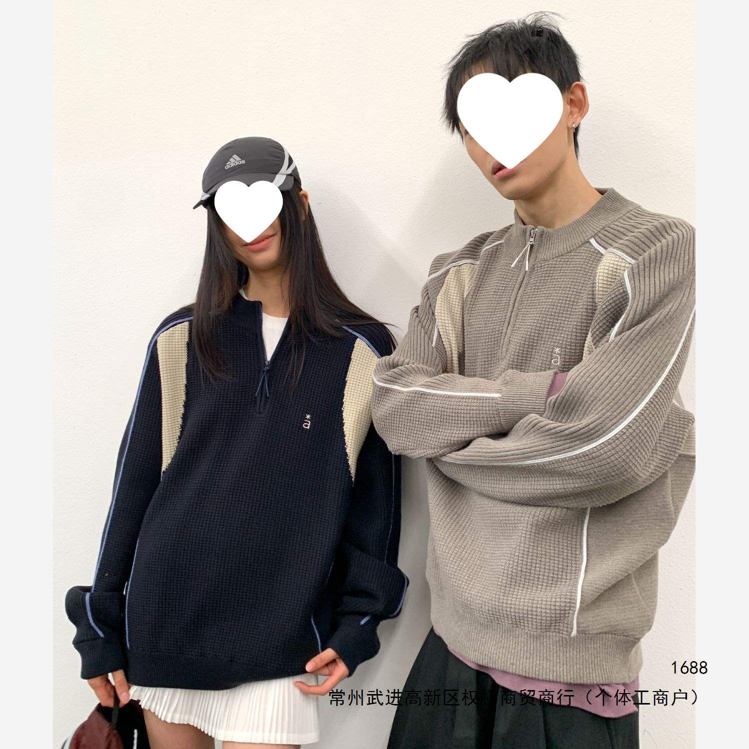 Autumn/Winter American Retro Patchwork Knit Color Block Sweater New Zipper Knitwear Loose Couple Casual Jacket