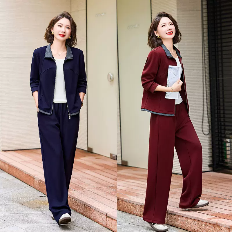 中老年女装秋装时尚运动套装40岁妈妈秋季翻领休闲上衣女士两件套