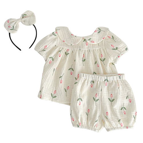 2024 Baby Short Sleeve Diaper Cover Summer Gauze Triangle Crawling Suit Onesie Girls Tulip Set Sister Outfit
