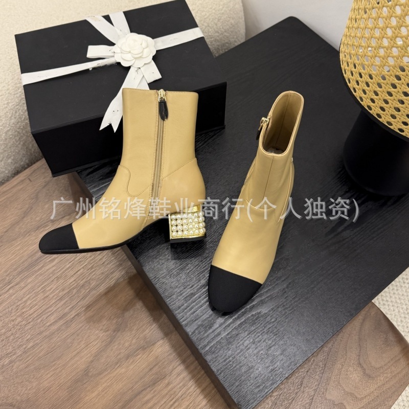 小香风拼色时装短靴女2025秋冬新款杏色珍珠粗跟羊皮弹力瘦瘦靴子|undefined