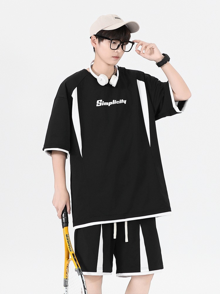 Traje deportivo casual suelto de verano para adolescentes de dos piezas de pantalones cortos de manga corta de moda guapos sueltos