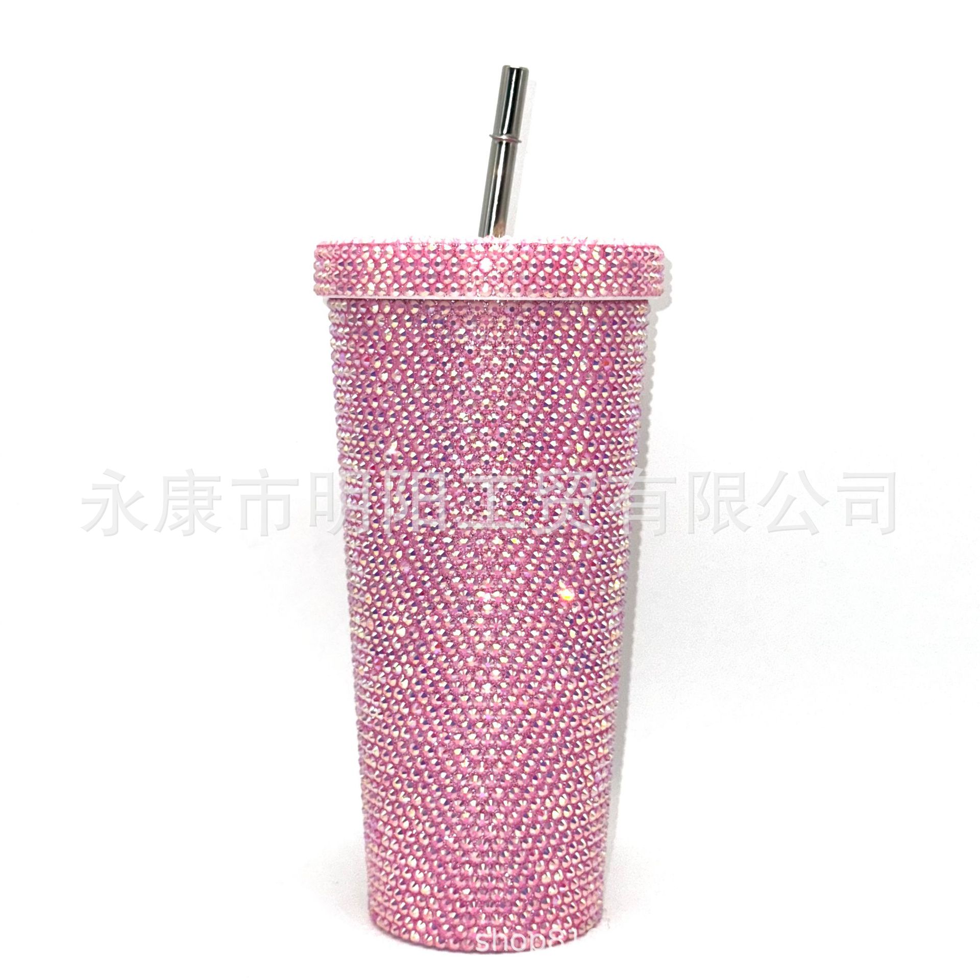 Taza de vacío incrustada en diamantes Taza de paja de acero inoxidable de doble capa Taza de regalo taza de café de diamantes de imitación Taza de bebida de diamantes de imitación incrustada en diamantes