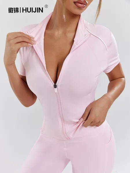 Cross-Border In-Stock Short-Sleeve Yoga Jacket, Slim-Fit Spicy Girl Sports Top, Short Color-Block Yoga Fitness Jacket