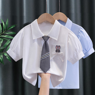 Girls' White Shirt Short-sleeved 2025 New Summer Children's Cotton Western Style Girl's Top Middle School Style