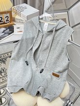 马甲女2025春秋新款运动休闲纯色外穿背心连帽开衫无袖拉链卫衣潮