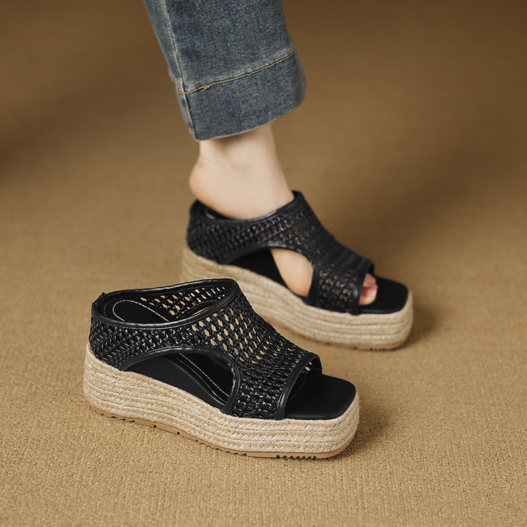 Dép sandal nữ đế dày miệng cá rỗng phong cách mùa hè, đế tăng chiều cao dây gai dầu — đen, trắng chi tiết 11