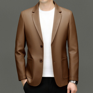 Solid Color Suit Collar Leather Men's 2024 Autumn New Puleather Suit Business Casual Dad Coat Top