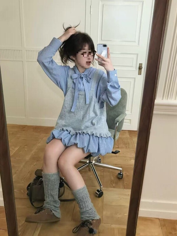 韩系复古格子蝴蝶结系带衬衫裙显瘦花苞裙女背心甜美套装秋季纽扣|undefined