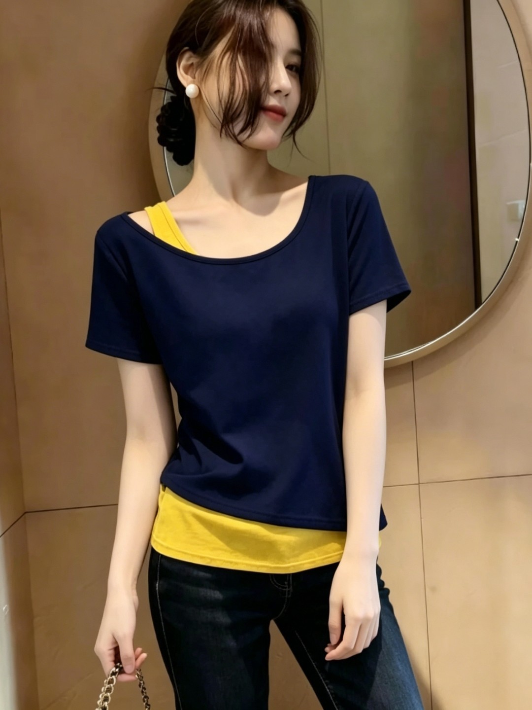 Áo thun nữ tay ngắn cổ tròn phối hai lớp lệch vai, xếp ly eo ôm — Đen đánh vần trắng