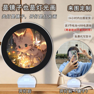 Round mirror light painting cat healing bedroom warm atmosphere luminous decorative lamp creative desktop cosmetic mirror