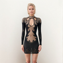 欧美跨境镂空性感蕾丝锦纶包臀裙辣妹火焰花纹渔网圆领长袖连衣裙