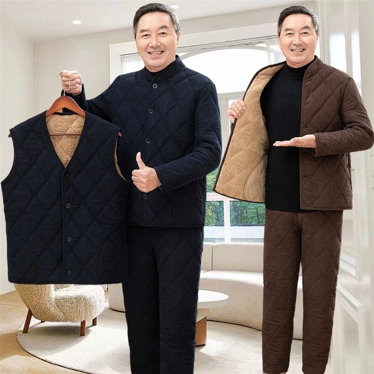 冬季爸爸棉衣棉裤套装男中老年加绒加厚老人棉服加绒绒保暖小棉袄